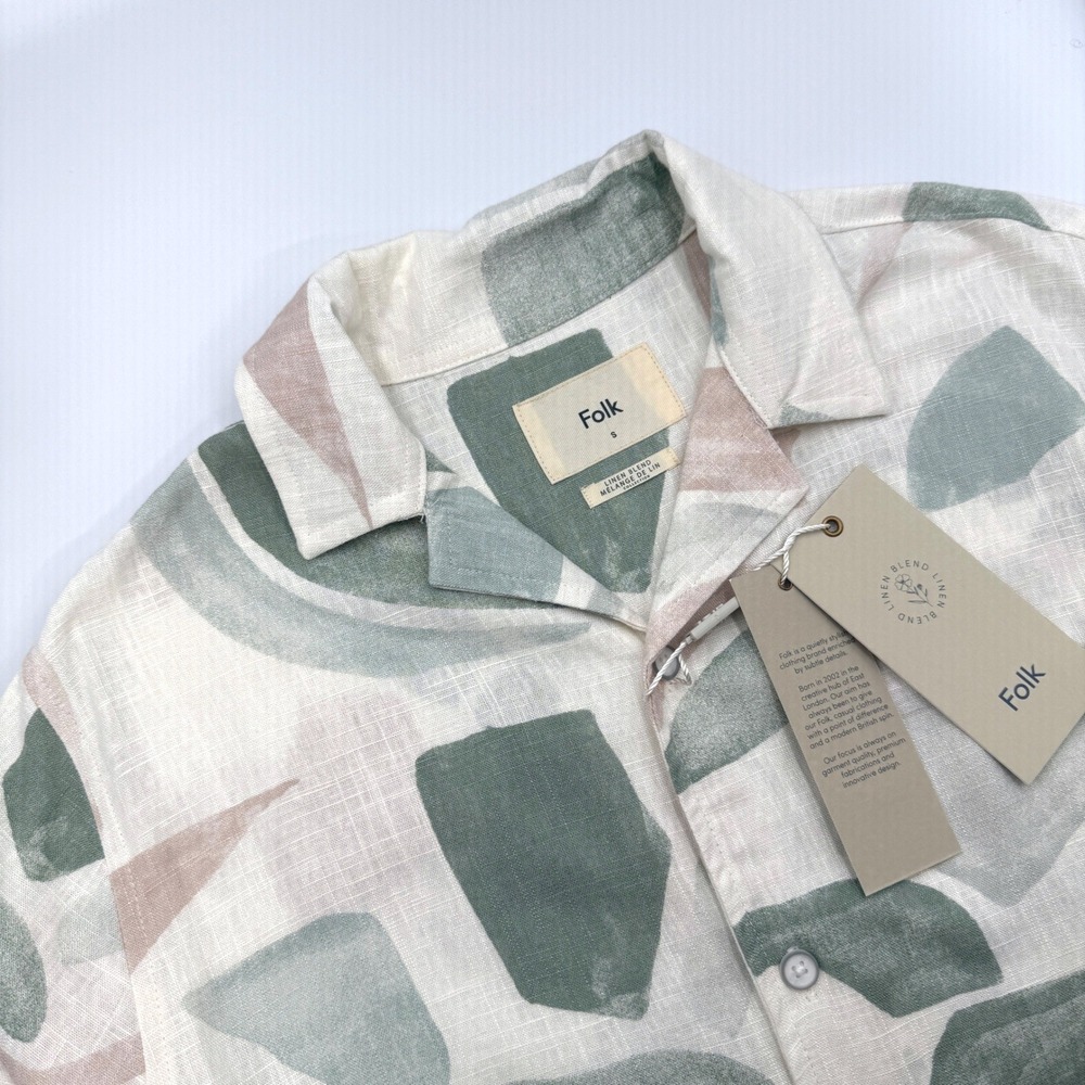 Folk Palcont Short Sleeve Shirt Green Abstract Geometric Linen Blend Mens Sm NWT